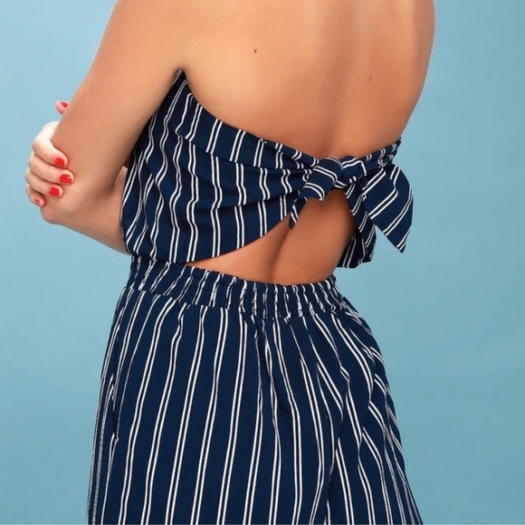 Lulus Jumpsuit Blue White Stripe Strapless Cropped Leg Open Back Elastic Waist - Picture 5 of 16